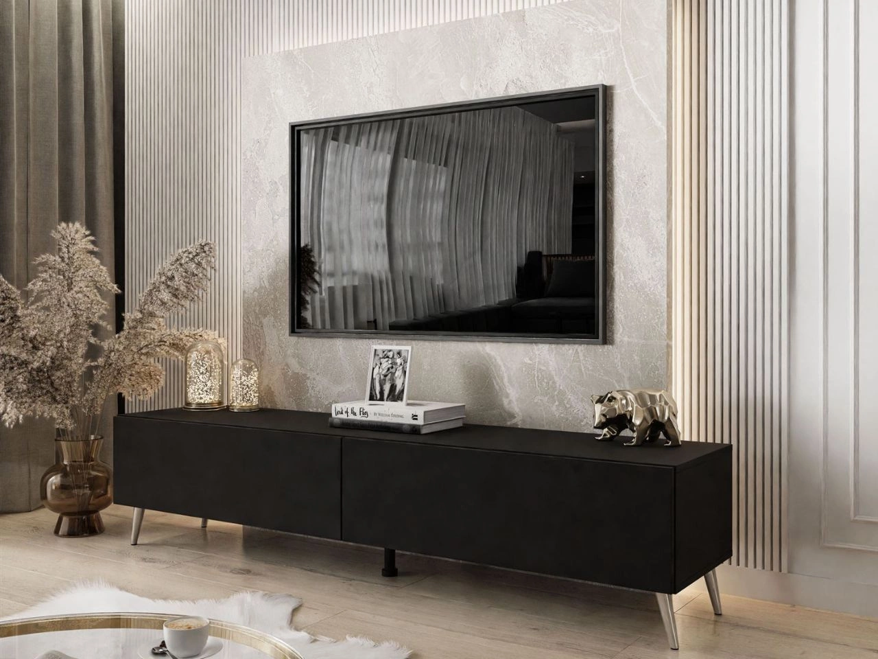 TV-Lowboard mit Türen auf Silbernen Metallbeinen 175 cm Sorelle Schwarz Matt