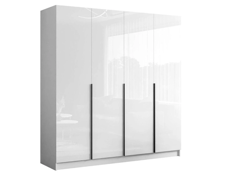 Viertüriger Kleiderschrank mit Drehtüren und schwarzen Griffen Ameli Weiß Hochglanz