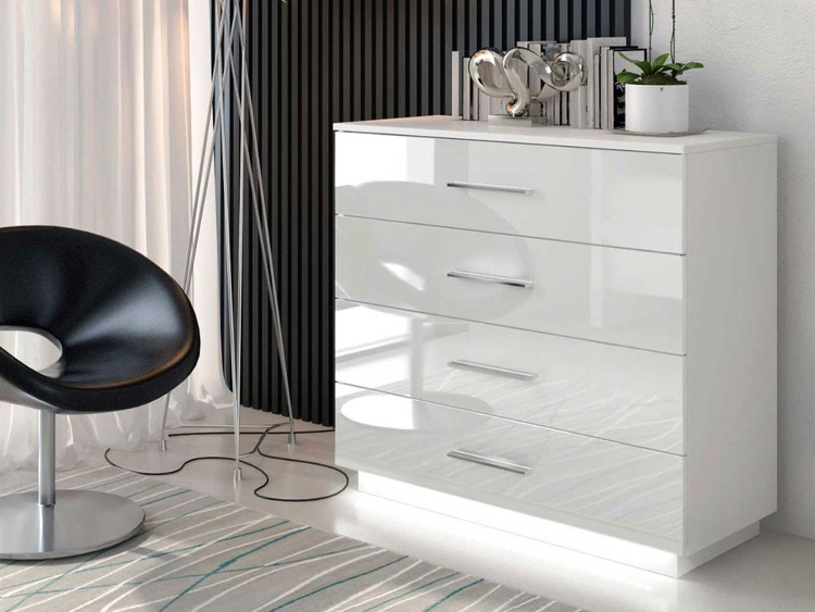 Kommode mit vier Schubladen und LED-Beleuchtung Nuveo Weiß Hochglanz