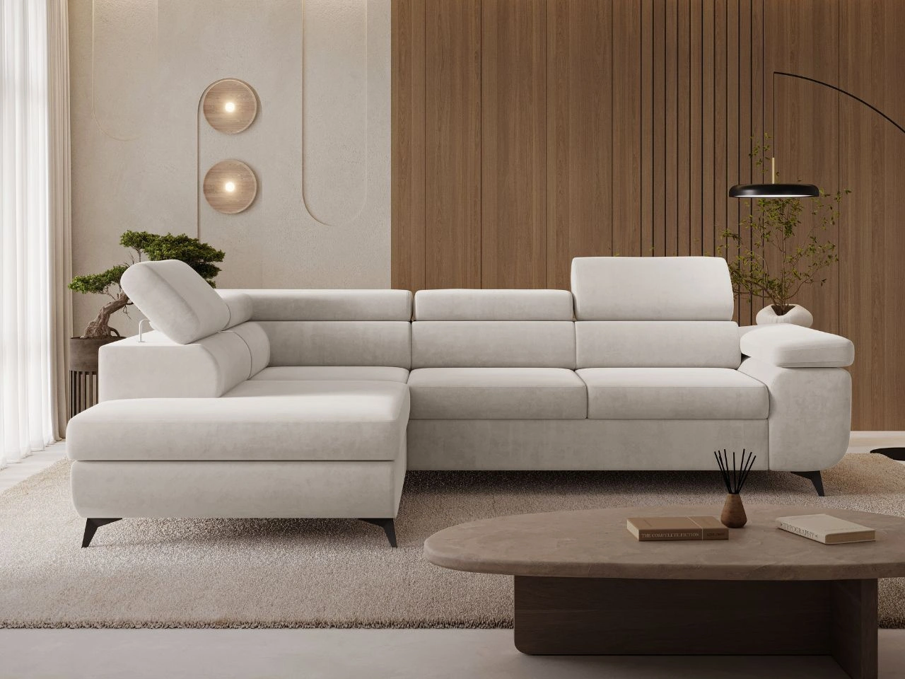 Ecksofa L-Form mit Schlaffunktion und Bettkasten Argon Links Hellbeige