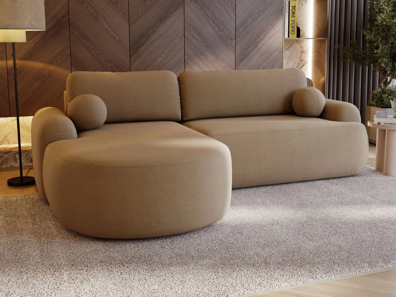 Ecksofa L-Form Links mit Schlaffunktion und Bettkasten Aurio HellBraun