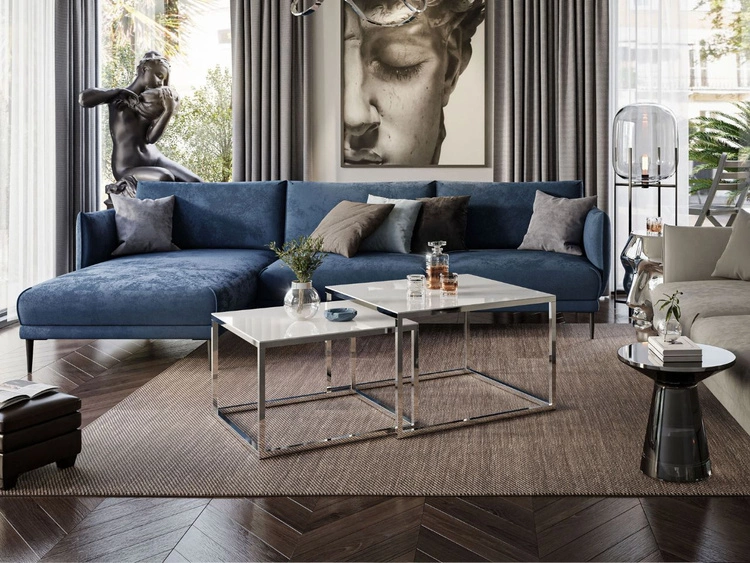 Couchtisch auf verchromtem Gestell mit Glasplatte Asumi Weiß 39x45