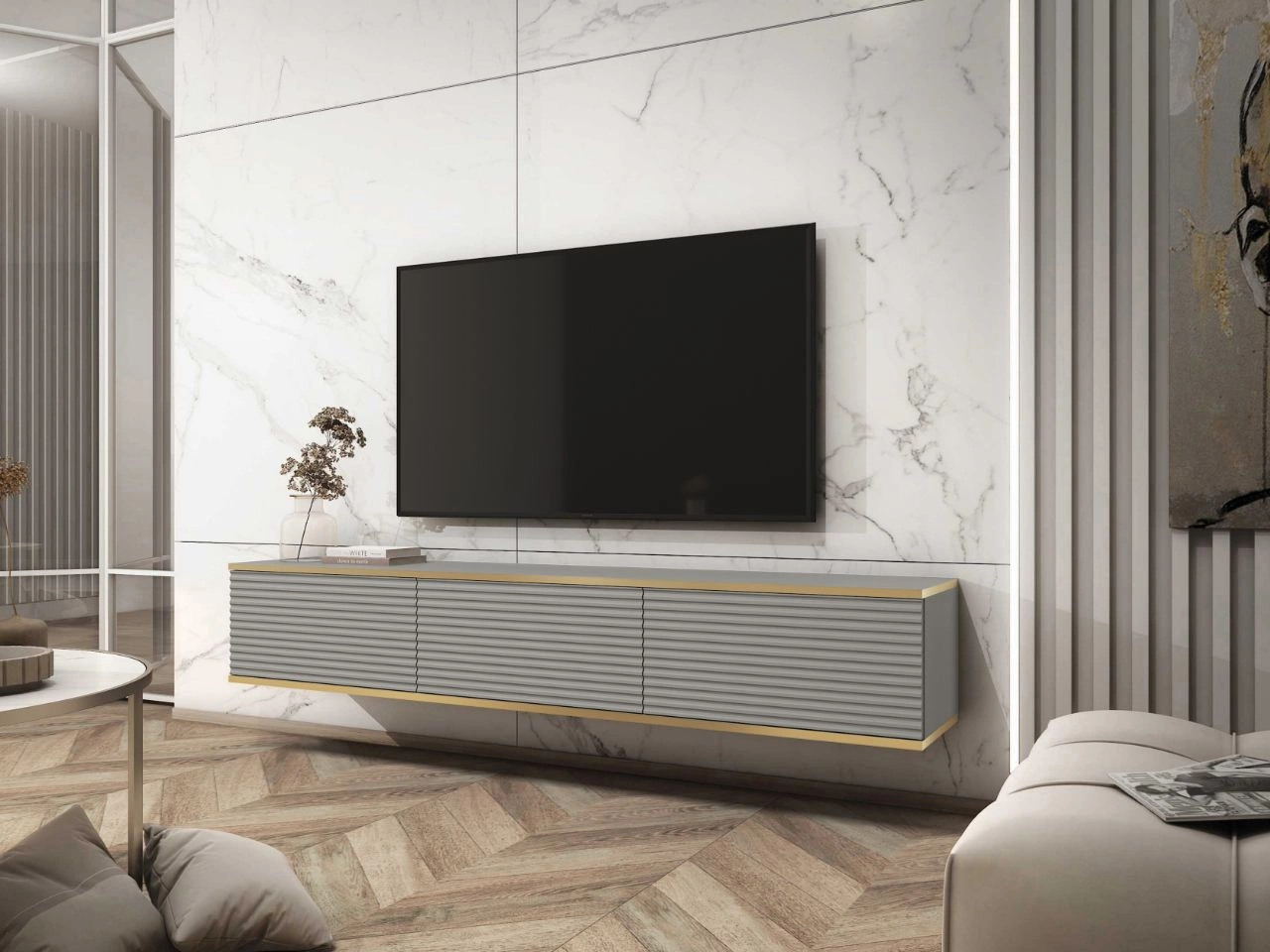 TV-Lowboard Hänge mit Türen 175 cm Diolo Grau mit geriffelter Vorderseite