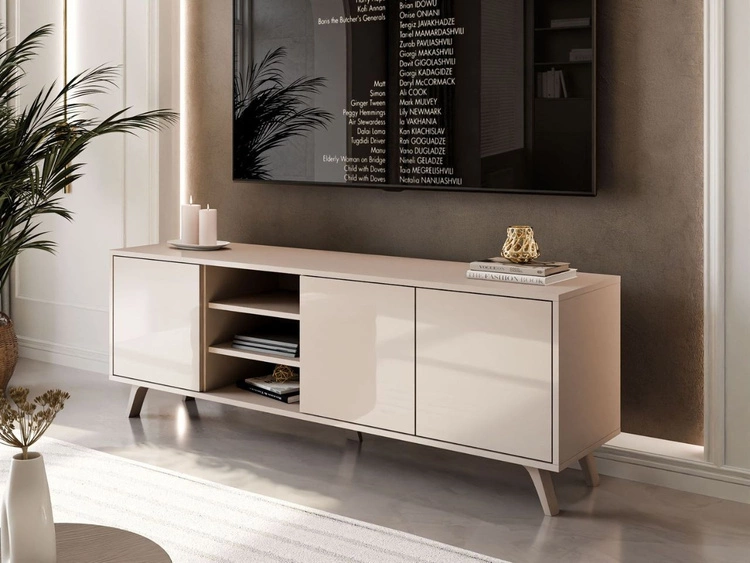 TV-Lowboard mit Türen auf kaschmirfarbenen Füßen Vivance Kaschmir Hochglanz