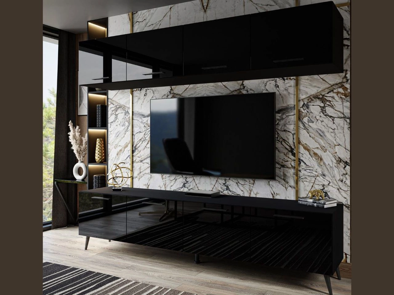 Wohnwand für das Wohnzimmer  und LED-Beleuchtung auf Schwarzen Metallbeinen Noaé Schwarz Hochglanz