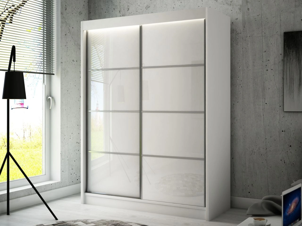 Schiebetürenschrank mit Sprossen 150 cm mit LED-Beleuchtung Ponti Weiß