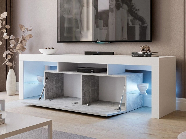 TV-Lowboard mit Türen und Aufsatz 150 cm Nodoo Weiß Hochglanz