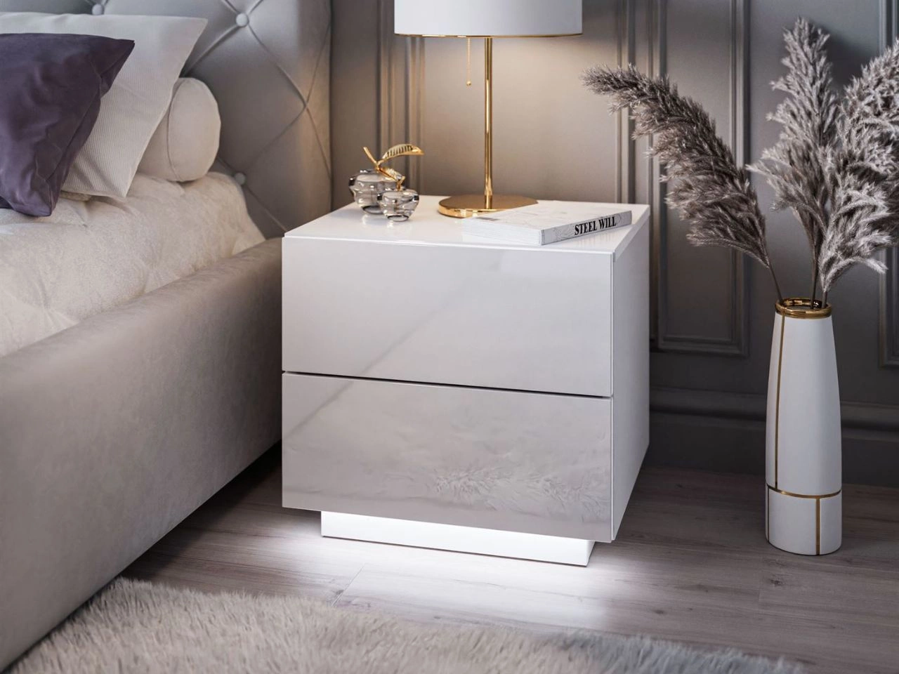 Nachttisch mit zwei Schubladen Nuveo Lux Weiß Hochglanz