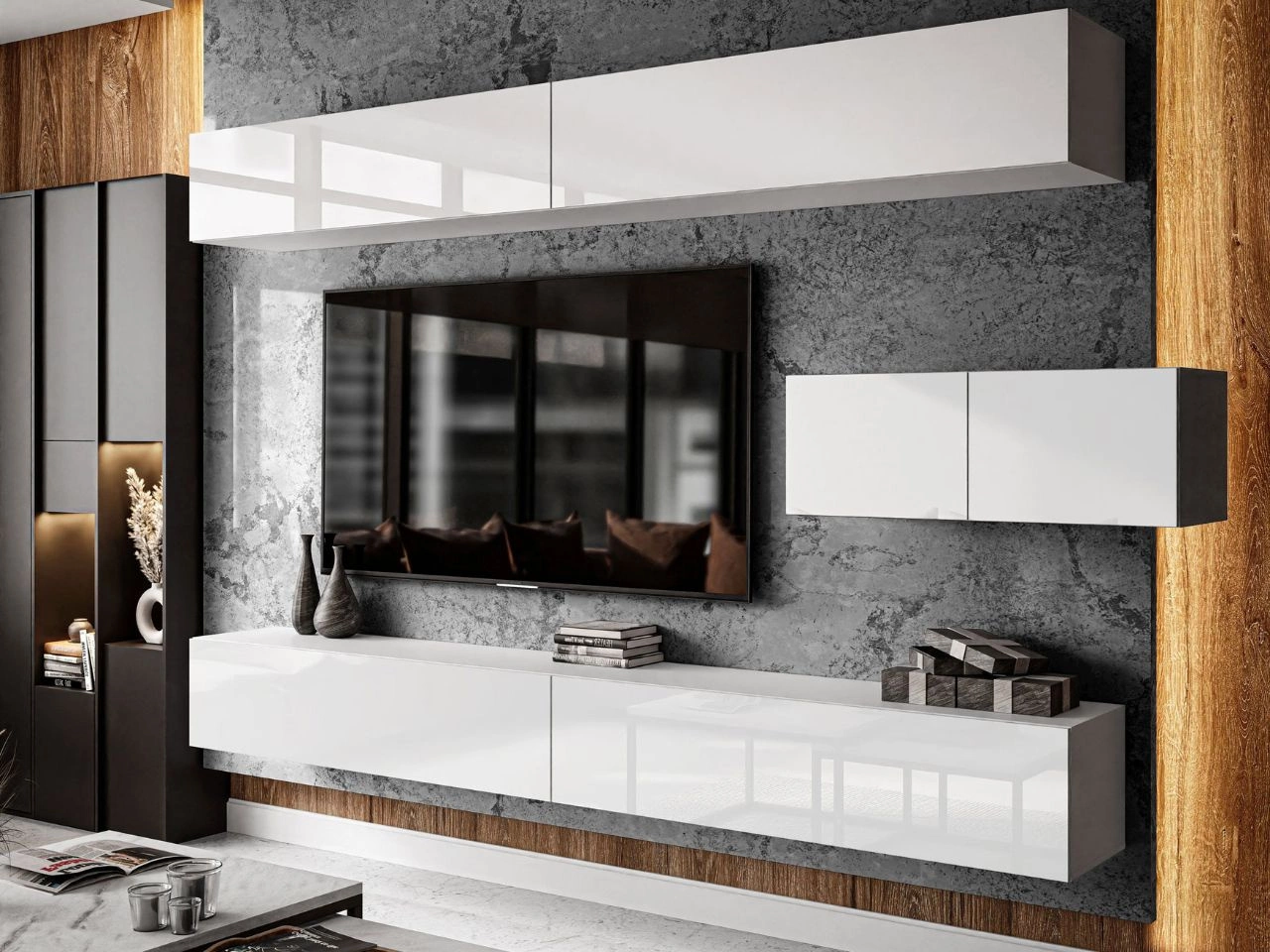 Hängende Wohnwand für das Wohnzimmer mit LED-Beleuchtung Nodoo Weiß Hochglanz