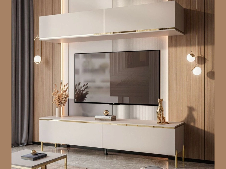 Wohnwand aud goldenen Beinen für das Wohnzimmer Evare Kaschmir