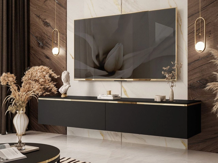 Hänge TV-Schrank 180 cm Glamour für Wohnzimmer Evare Schwarz matt
