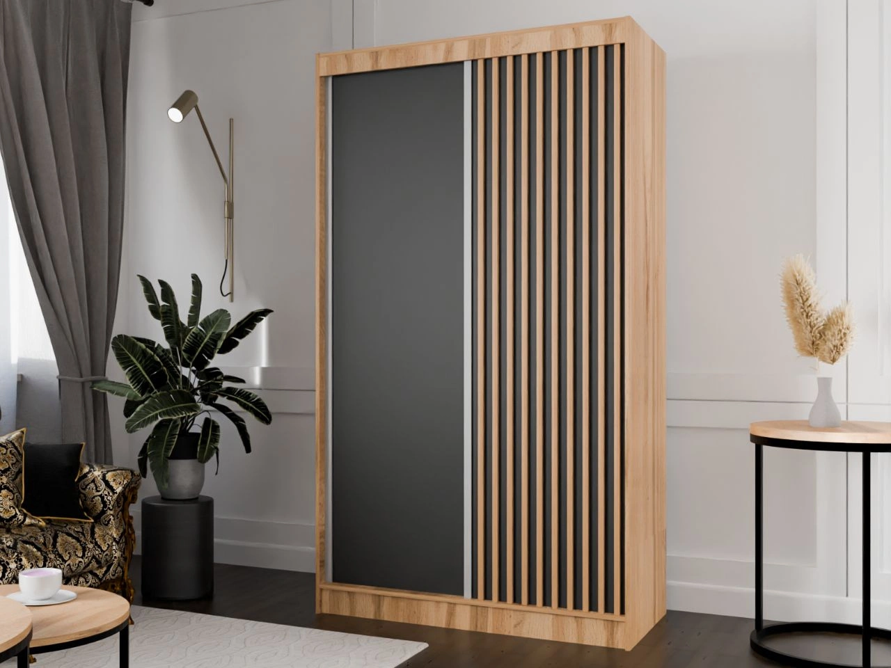 Schiebetürenschrank mit Lamellen 120 cm Loreto Handwerk Goldene Eiche, Schwarz