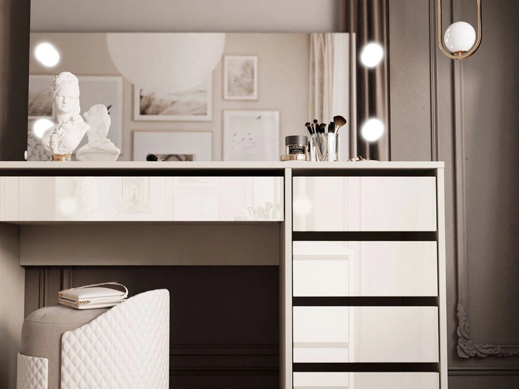 Schminktisch mit Spiegel, Schubladen und LED Melo Elite Kaschmir Hochglanz