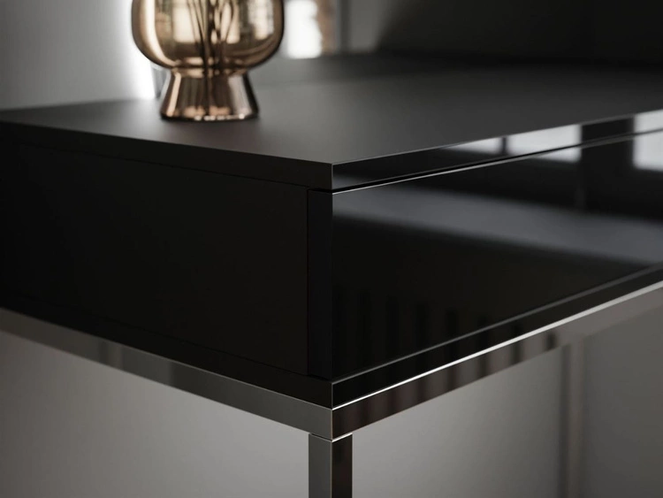 Kosmetiktisch linksseitig mit Schubladen und LED-Beleuchtung auf silbernen Beinen Clarette Schwarz Hochglanz