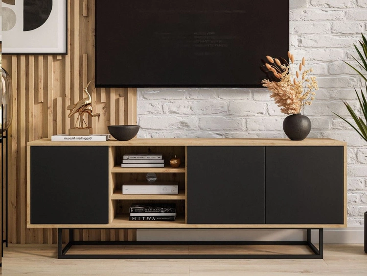TV-Lowboard mit Türen auf schwarzem Gestell Vivance Schwarz und Artisan Eiche