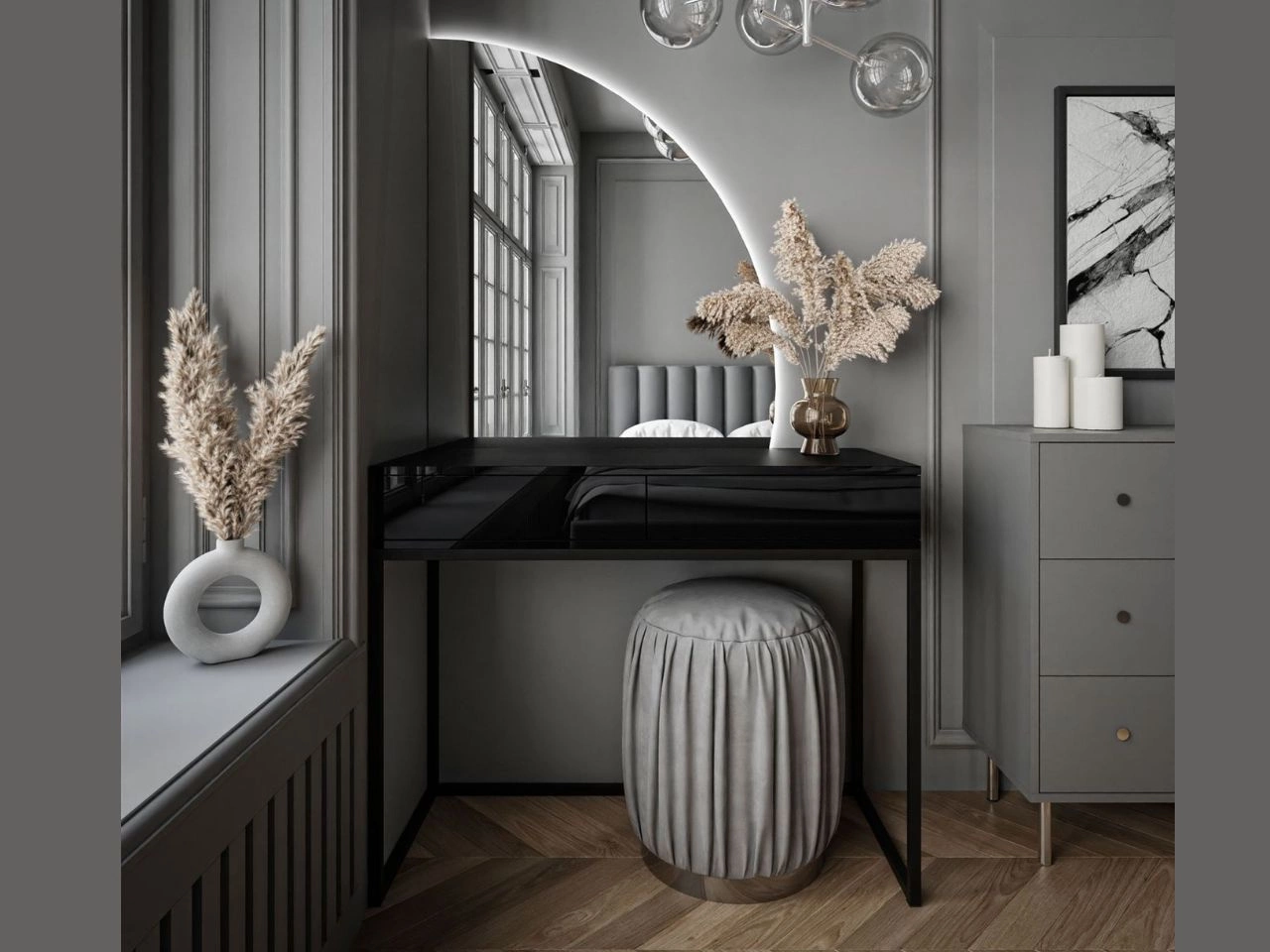 Kosmetiktisch rechtsseitig mit Schubladen und LED-Beleuchtung auf schwarzen Beinen Clarette Schwarz Hochglanz