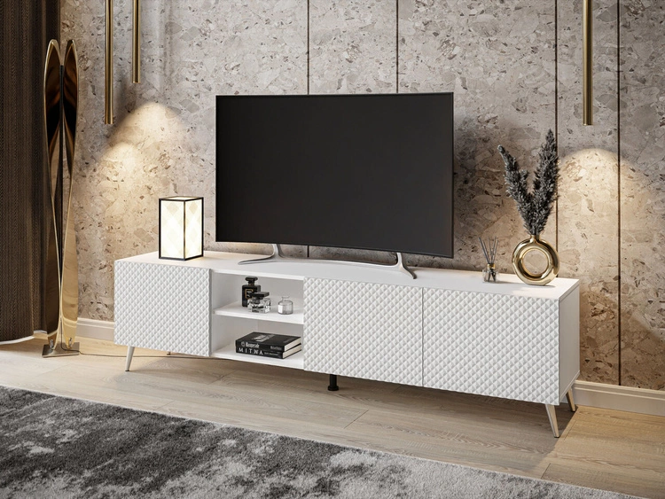 TV-Schrank mit 3D-gefrästen Fronten und verchromten Metallbeinen Celiane Weiß Glanz
