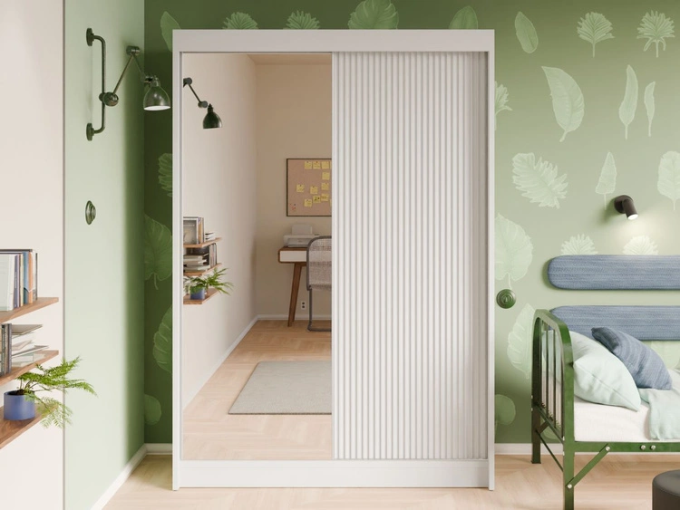 Schiebetürenschrank mit geriffelter Front und Spiegel 150 cm Fano Weiß