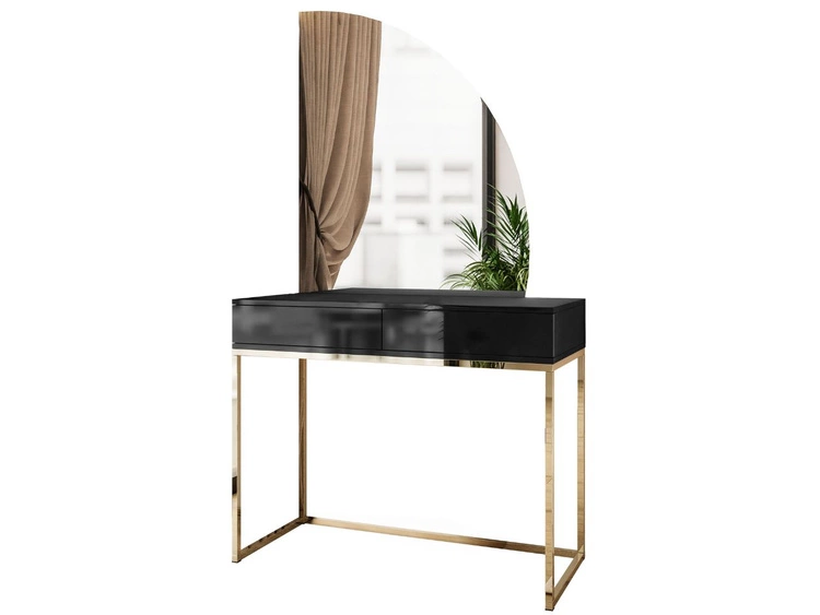 Kosmetiktisch rechtsseitig mit Schubladen und LED-Beleuchtung auf goldenen Beinen Clarette Schwarz Hochglanz