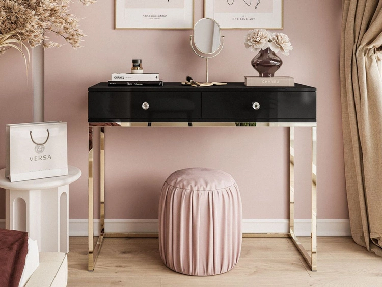 Konsolentisch mit Schubladen, goldenem Gestell und Kristallgriffen Brisa Schwarz Hochglanz