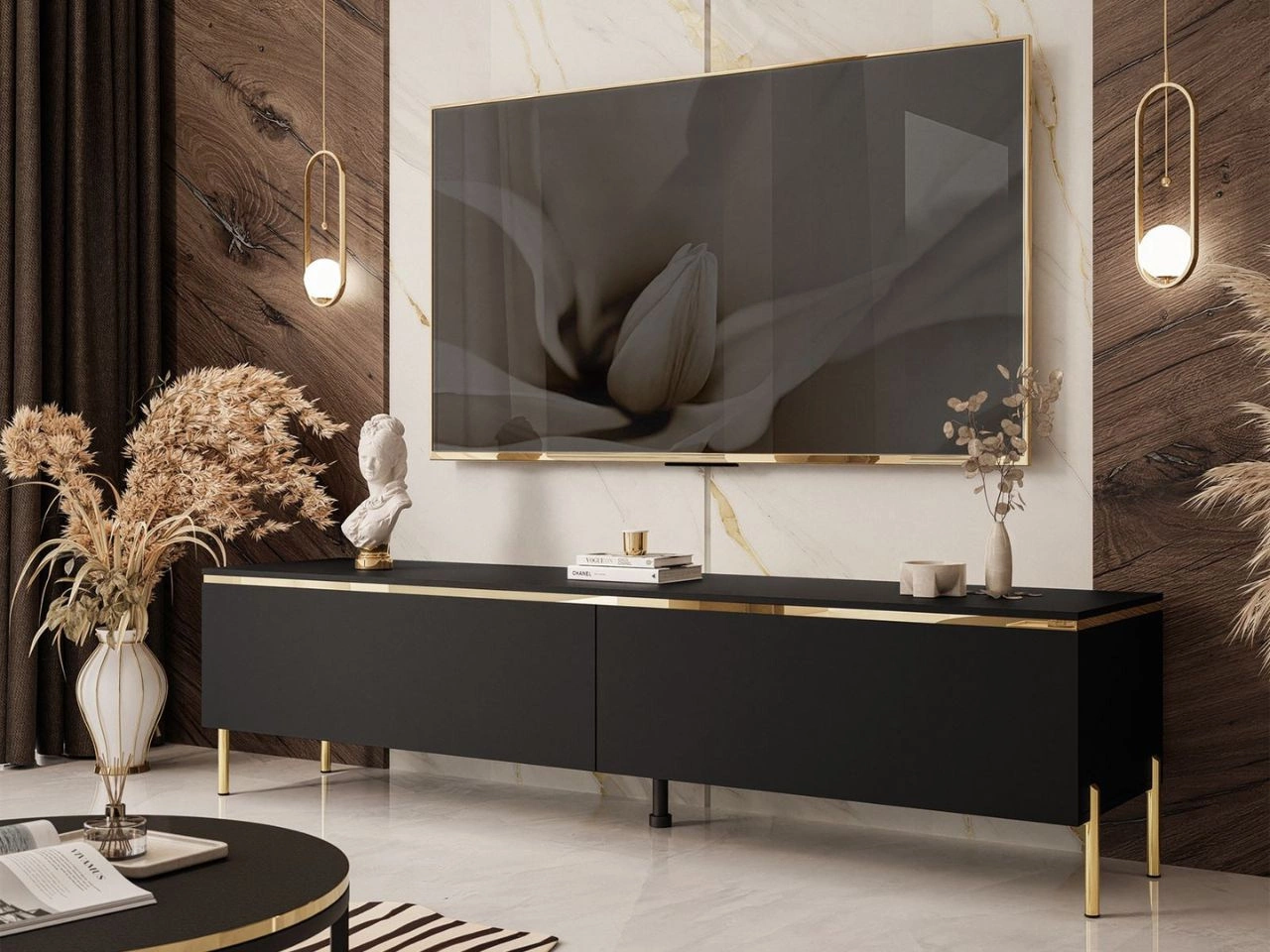 TV-Schrank 180 cm Glamour mit goldenen Metallbeinen und LED-Beleuchtung Evare Schwarz matt