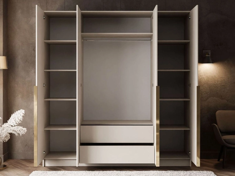 Viertüriger Kleiderschrank mit Drehtüren und goldfarbenen Griffen Ameli Kaschmir