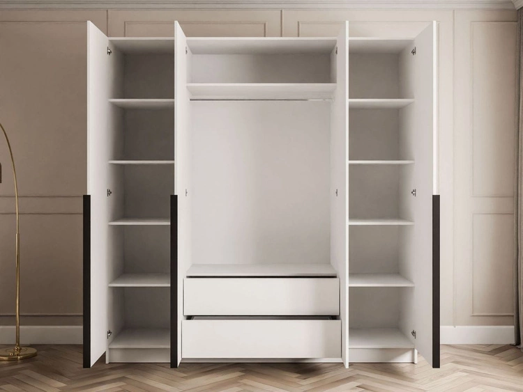 Viertüriger Kleiderschrank mit Drehtüren und schwarzen Griffen Ameli Weiß Hochglanz