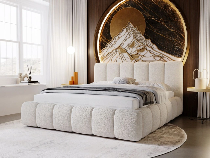 Polsterbett ohne Bettkasten mit Lattenrost 200x200 Cloud aus Bouclé-Stoff Beige