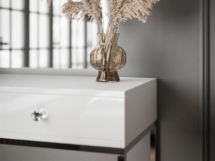 Kosmetiktisch rechtsseitig mit Schubladen und LED-Beleuchtung auf silbernen Beinen Clarette Weiß Hochglanz