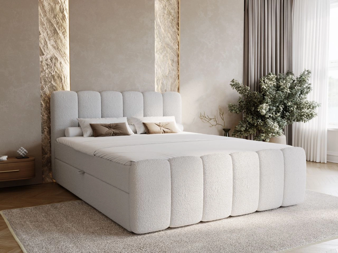 Boxspringbett mit Bettkasten 140x200 Bouclé-Stoff Cloud Grau