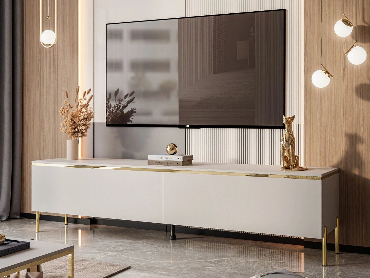 TV-Schrank 180 cm Glamour mit goldenen Metallbeinen und LED-Beleuchtung Evare Kaschmir