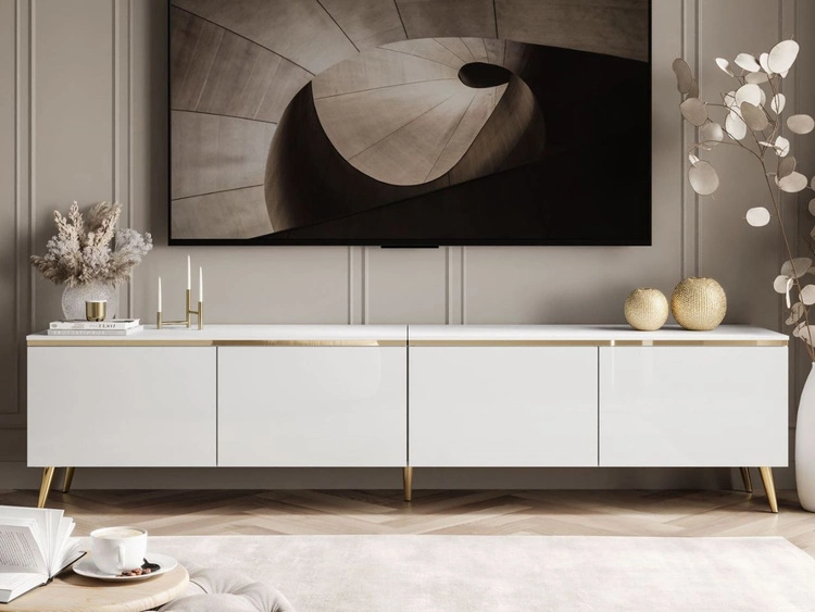 TV-Lowboard viertürig im Glamour-Stil mit LED-Beleuchtung Celle, Weiß Hochglanz