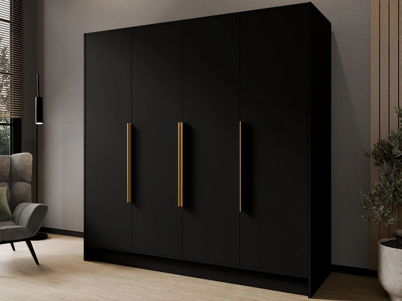 Kleiderschrank 200 cm Perugia Schwarz mit goldenen Griffen