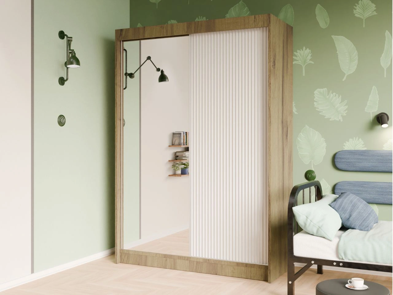 Schiebetürenschrank mit geriffelter Front und Spiegel 150 cm Fano Handwerk Goldene Eiche, Weiß