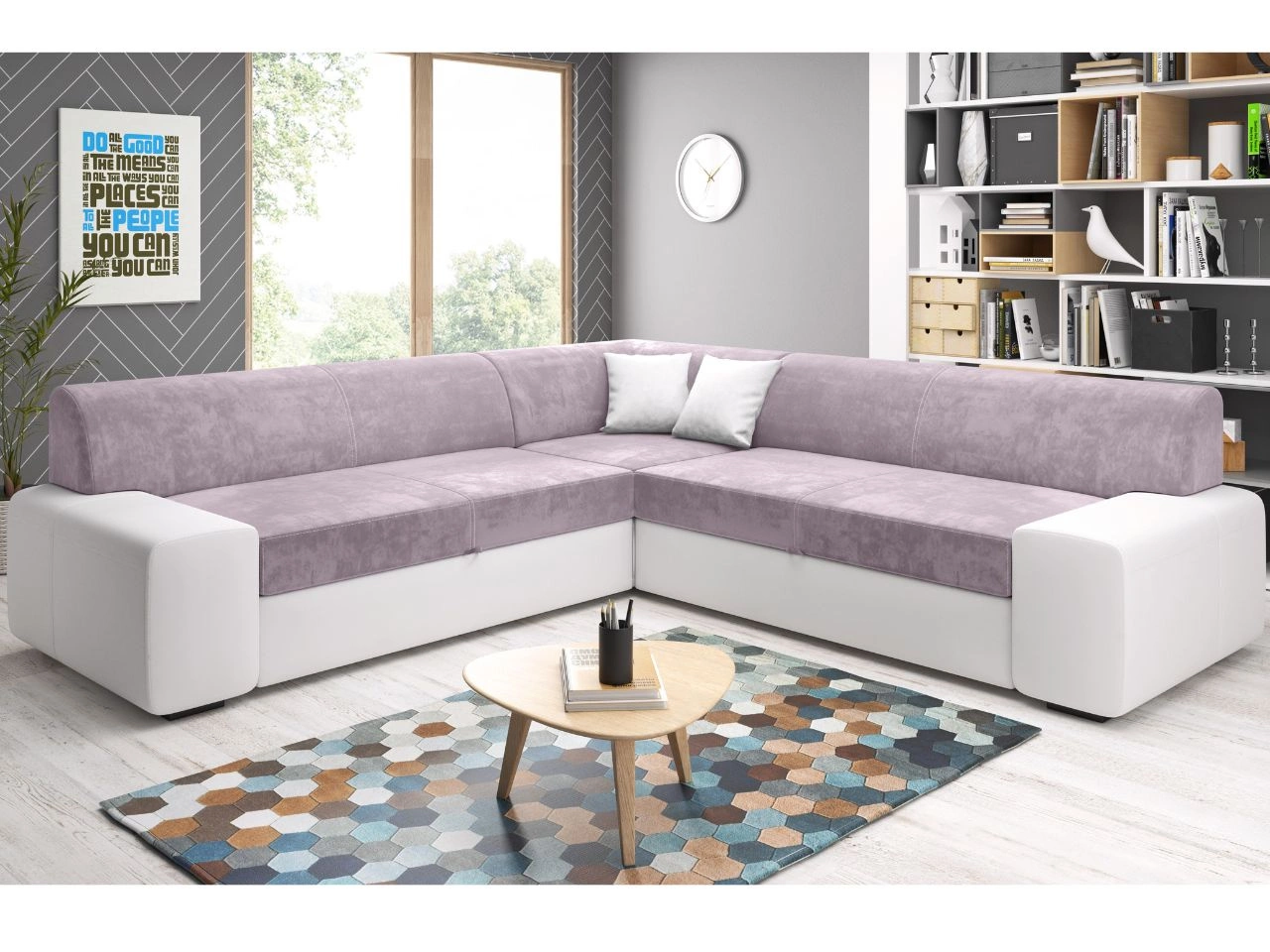 Ecksofa L-Form Rechts mit Schlaffunktion und Bettkasten Fresto Maxi Rosa, Weiß