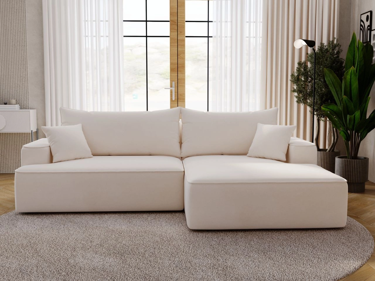 Ecksofa L-Form Rechts mit Schlaffunktion und Bettkasten California Creme