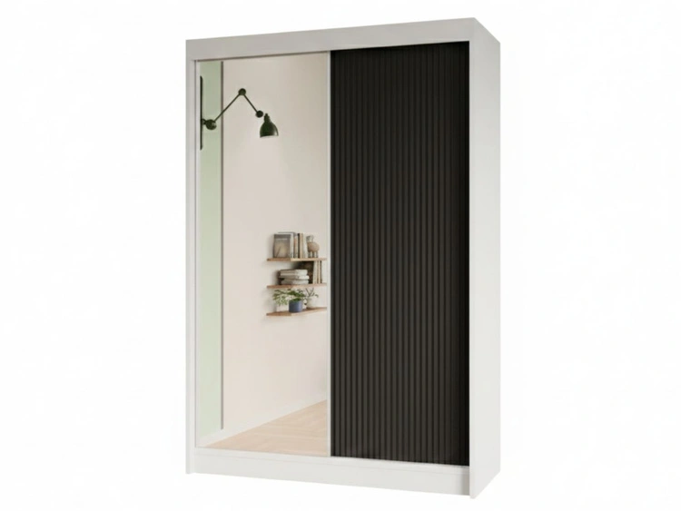 Schiebetürenschrank mit geriffelter Front und Spiegel 150 cm Fano Weiß, Czarny