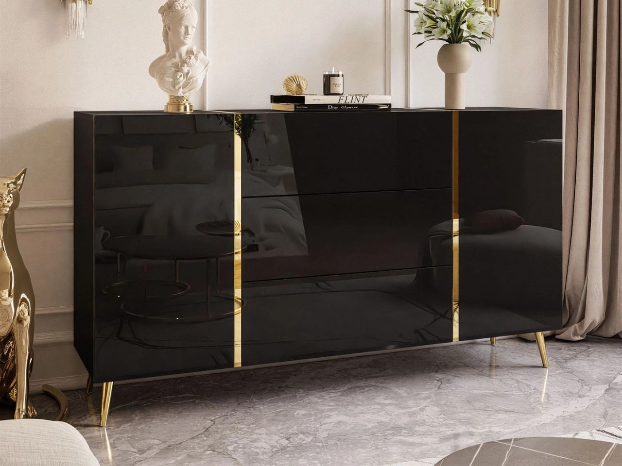 Zweitürige Kommode 158 cm mit drei Schubladen und Metallbeinen Lunelie Schwarzglanz