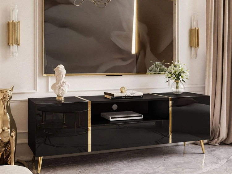 Wohnzimmer-Set im Glamour-Stil auf Beinen Lunelie Schwarz Hochglanz