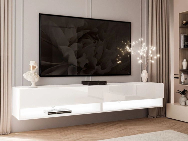 Hänge TV-Schrank 180 cm für Wohnzimmer mit LED-Beleuchtung Aurelie Weiß Hochglanz