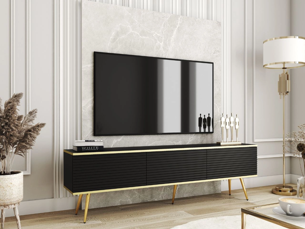 TV-Lowboard mit Türen 175 cm Diolo Schwarz mit geriffelter Vorderseite auf goldenen Beinen