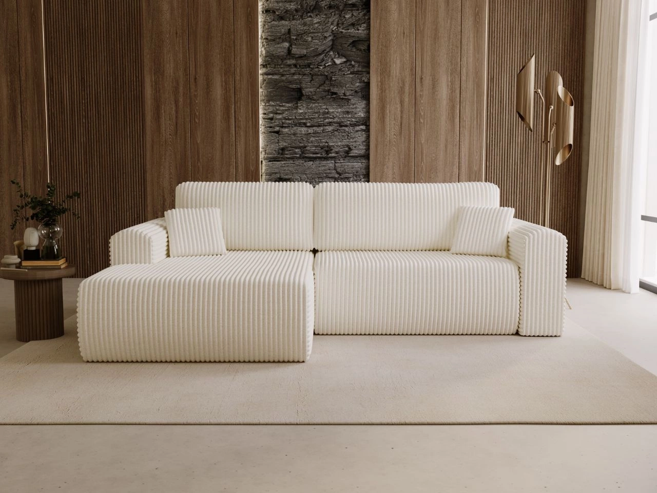 Ecksofa mit Schlaffunktion und Bettkasten Belvio links Creme