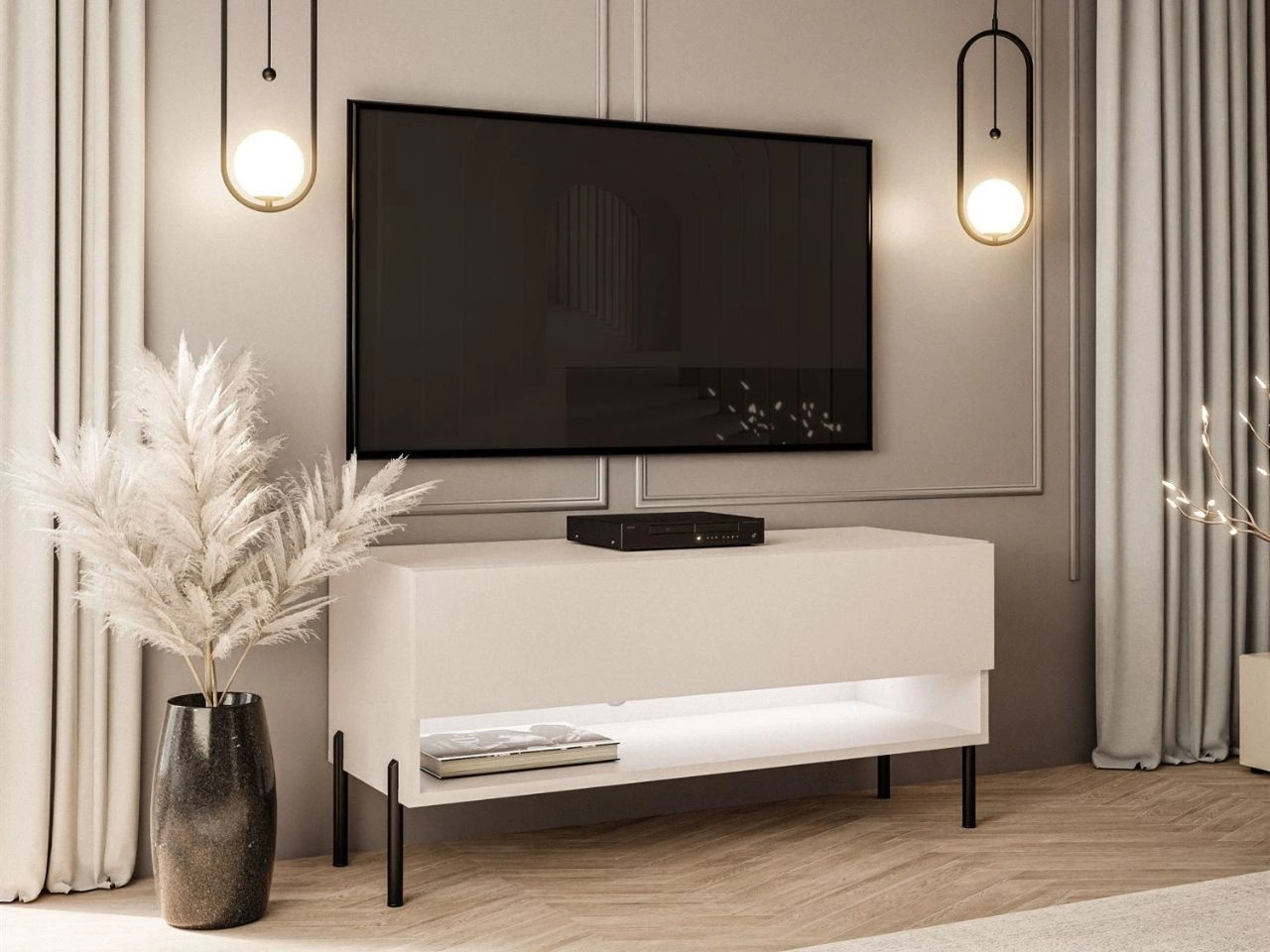 TV-Schrank 90 cm mit LED-Beleuchtung und schwarzen Metallbeinen Aurelie Kaschmir matt
