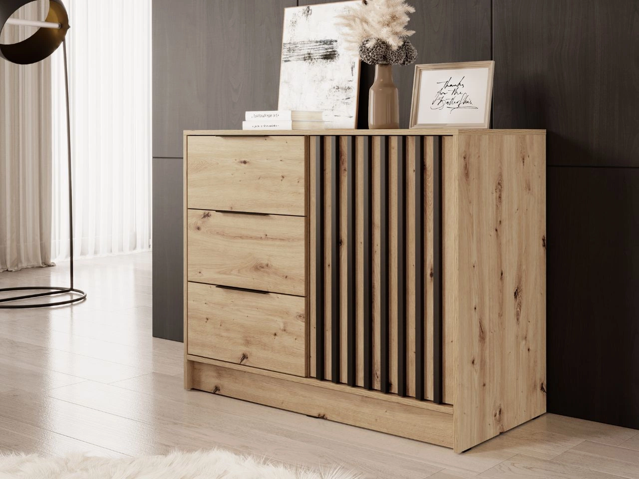 Kommode mit Türe und Schubladen 105 cm Macron Arisan Eiche Schwarz