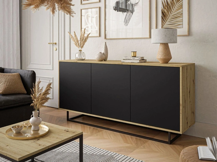 Dreitürige Kommode 154 cm im Loft-Stil auf schwarzem Gestell – Vivance, Schwarz matt & Eiche Artisan
