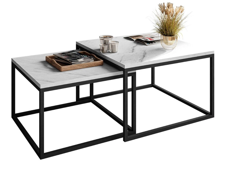 Couchtisch auf schwarzem Metallrahmen mit weißer Marmorimitat Asumi 40x46