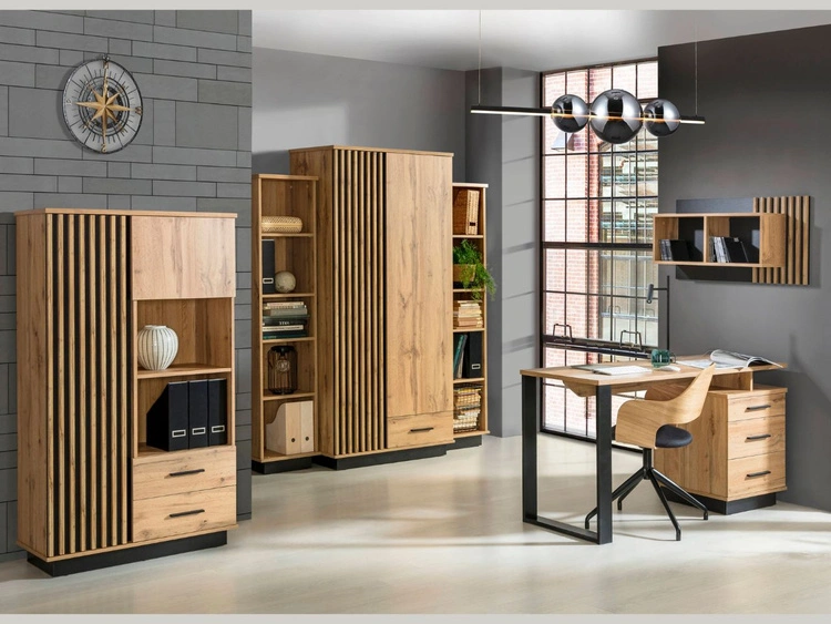 Kleiderschrank 90 cm mit Lamellen und Flügeltüren für das Wohnzimmer Lavore Wotan Eiche, Schwarz matt