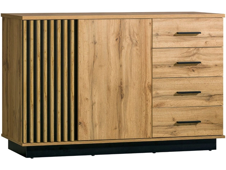 Kommode mit zwei Türen und Schubladen Lavore Wotan Eiche, Schwarz matt