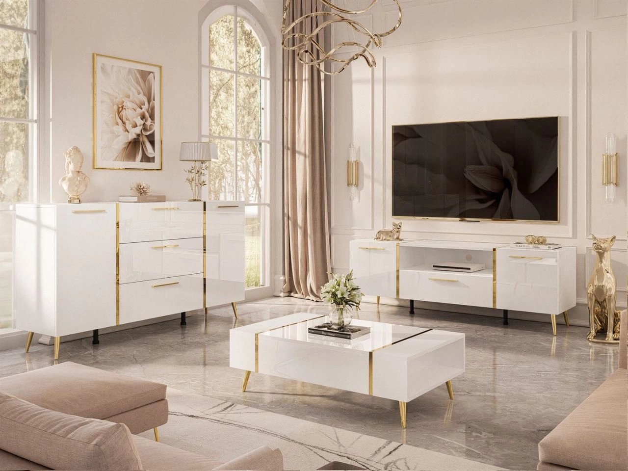Wohnzimmer-Set mit goldenen Metallbeinen und goldenen Griffen Lunelie Weiß Hochglanz