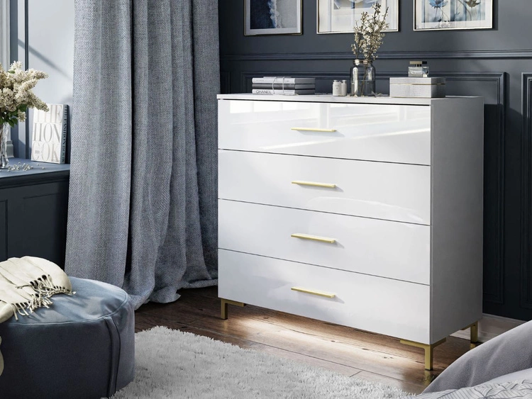 Kommode mit vier Schubladen und LED-Beleuchtung auf Goldenen Beinen Nuveo Weiß Hochglanz